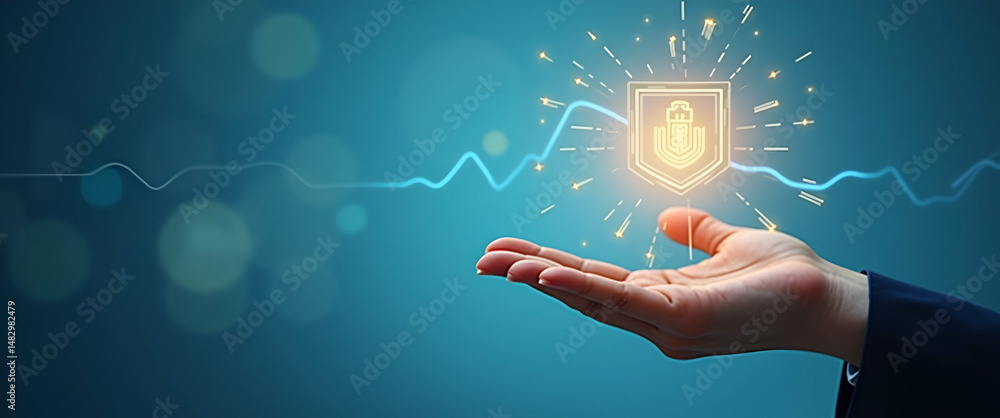 Poster hand holding holographic reward optimization icon illustrating risk reward optimization in financial