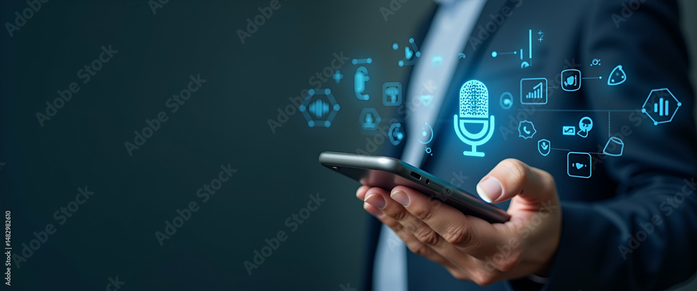Poster man touching microphone icon on smartphone for voice recording - mobile app for audio messages and a