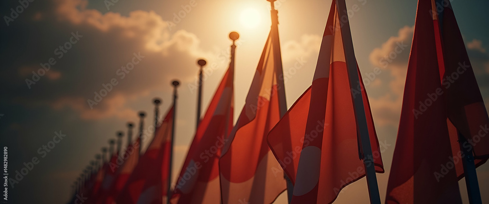 Poster elegant half-mast flags: somber lighting and refined detail for commemorative stock images and memor