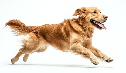 Energetic golden retriever running joyfully in a dynamic pose.