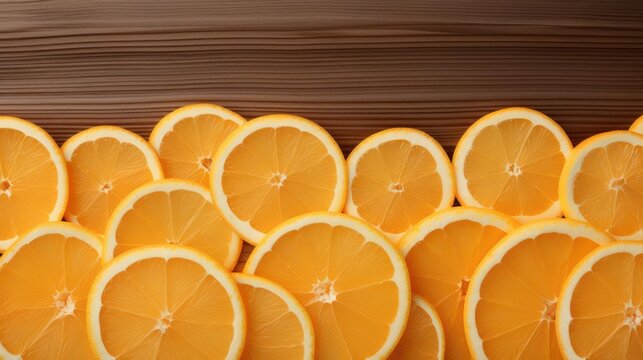 Stacked orange slices on a wooden surface. - Powered by Adobe