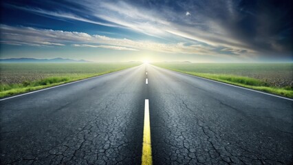 Asphalt Road Stretching Towards a Bright Horizon Under a Dramatic Sky with Rolling Fields