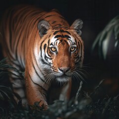 Obraz premium A tiger's intense gaze in a dense jungle setting.