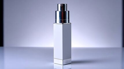 A bottle stands centered. The body is square and white. The top is a chrome pump. The bottle sits on a reflective surface.
