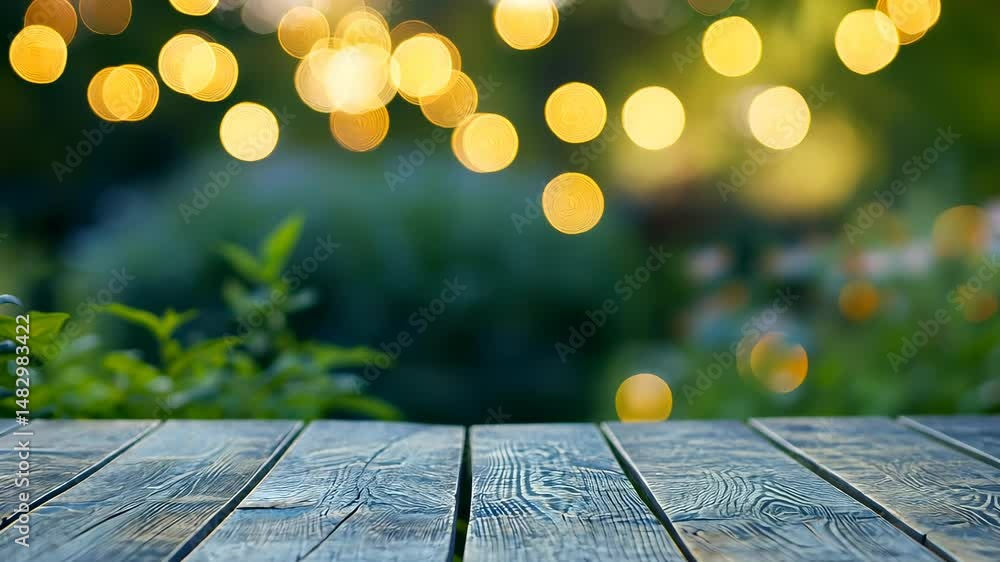 Poster wooden empty table positioned in tranquil park setting, soft blurred with blending, ideal graphic pr