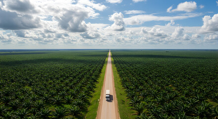 White Van on Dirt Road Through Green Palm Tree Plantation Under Blue Cloudy Sky