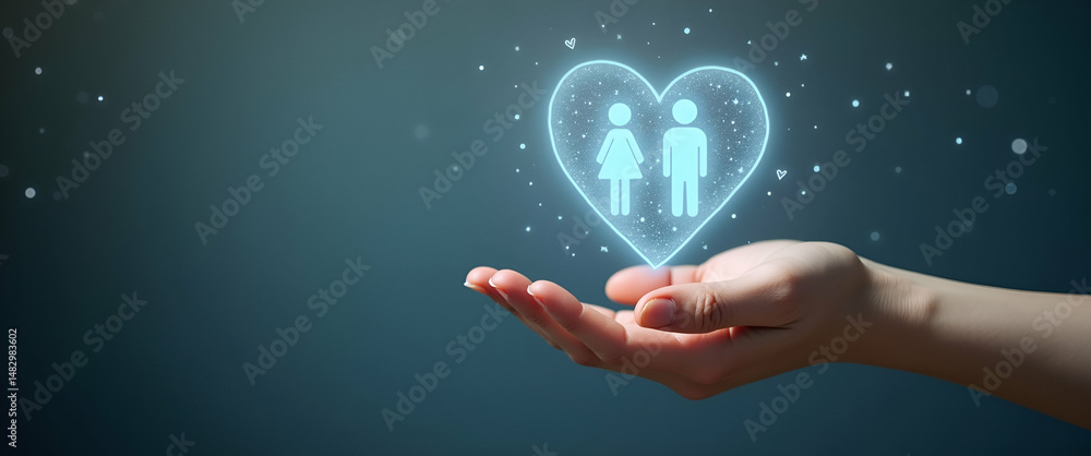 Poster hand presenting holographic relationships symbol representing empathy understanding relationships in