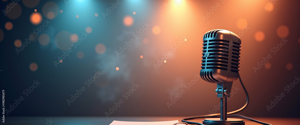 Aufkleber photo realistic speaker with microphone and notes: dreamy background for public speaking and present