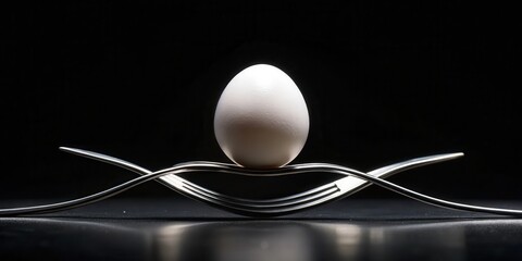 A single white egg delicately balanced atop a pair of elegantly curved forks against a stark black background