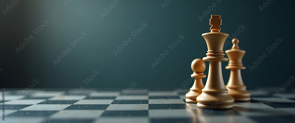 Poster strategic chess game: king and knight pieces on a chessboard - symbolizing competition and tactics |