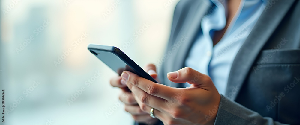 Poster photo realistic image of a person using a mobile app for expense tracking on their phone, clean back
