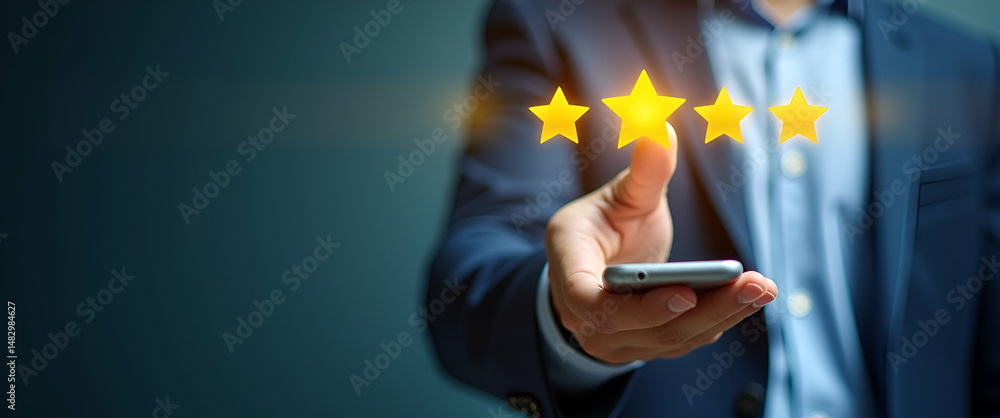 Poster hand giving five star rating on holographic feedback interface for customer satisfaction on mobile p