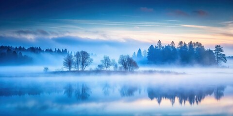 Obraz premium Serene Dawn Misty Lake Reflecting Silhouetted Trees and a Peaceful, Tranquil Atmosphere