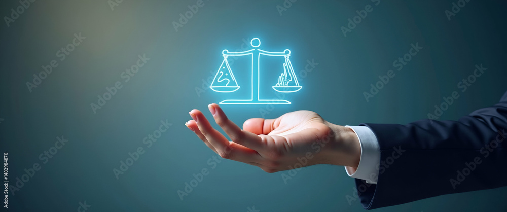 Poster hand presenting a holographic risk balancing icon symbolizing risk-reward balancing in financial man