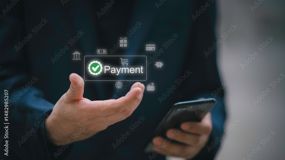 Aufkleber man using smartphone for online payment with secure transaction, digital wallet system, and mobile b