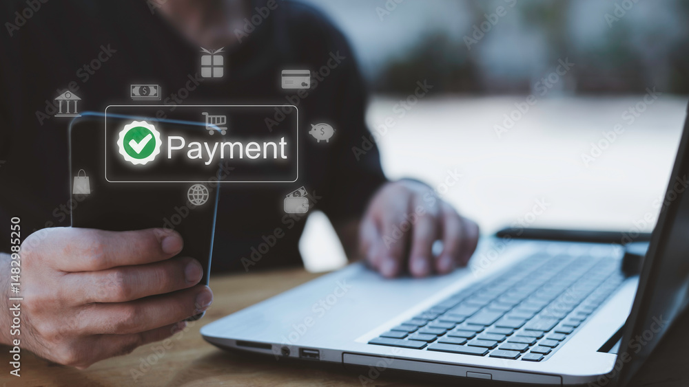 Poster man using smartphone for online payment with secure transaction, digital wallet system, and mobile b