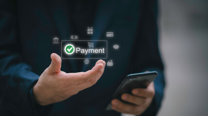Man using smartphone for online payment with secure transaction, digital wallet system, and mobile banking concept for financial technology, e-commerce, and global money transfer.