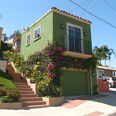 Green house with vibrant flowers on a hillside.  Possible use for real estate or home decor