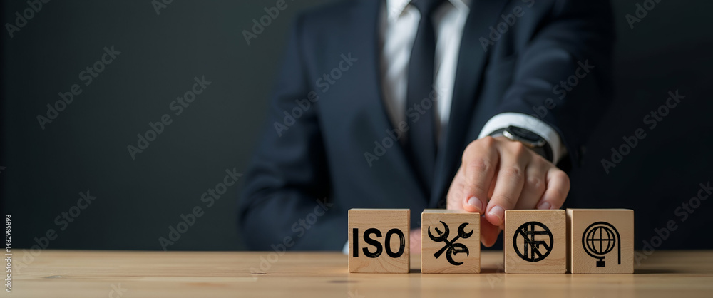 Poster businessman arranging wooden cubes with iso standards for quality control assurance on dark backgrou
