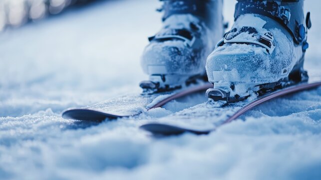 Snow-covered ski boots rest on parallel skis, captured in an up-close view amidst a snowy landscape. The detail highlights the texture of the boots and the freshness of the snow