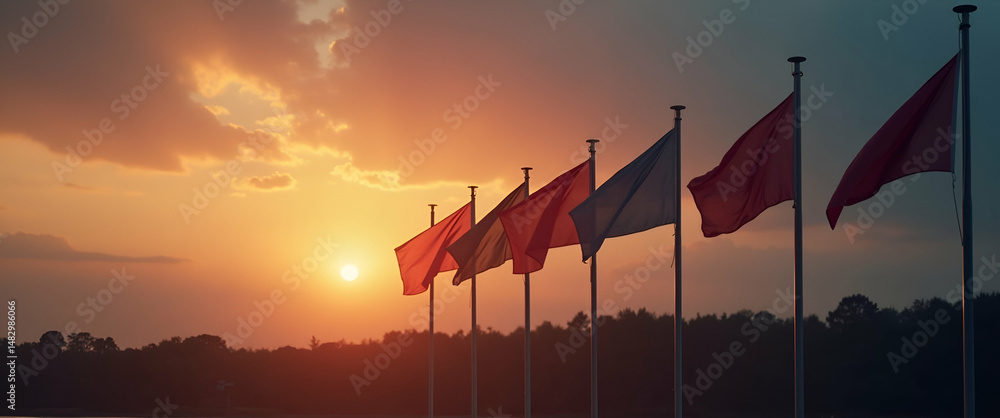 Poster elegant half-mast flags: somber lighting & refined detail for commemorative stock images - ideal for