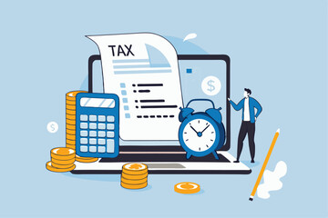 Tax online payment on computer laptop, income tax calculation deadline, refund or revenue paperwork, financial duty concept, businessman on tax calculation payment with calendar date computer laptop.