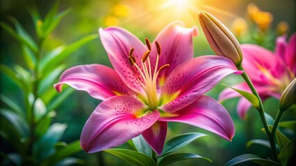 Close-up Pink Lily Bloom in Garden, Vibrant Floral Photography