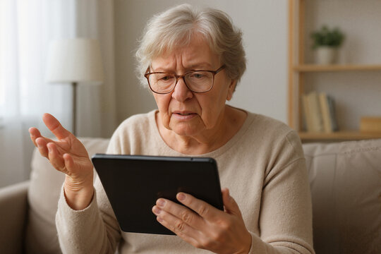Elderly woman looking puzzled while using tablet in living room