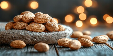 Peanuts piled on a burlap sack on wooden table