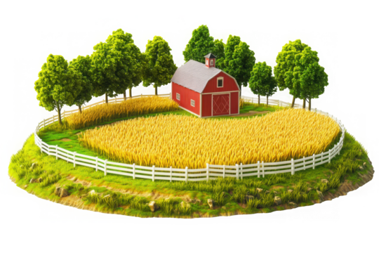 Illustration of a farm with wheat field and red barn on transparent background