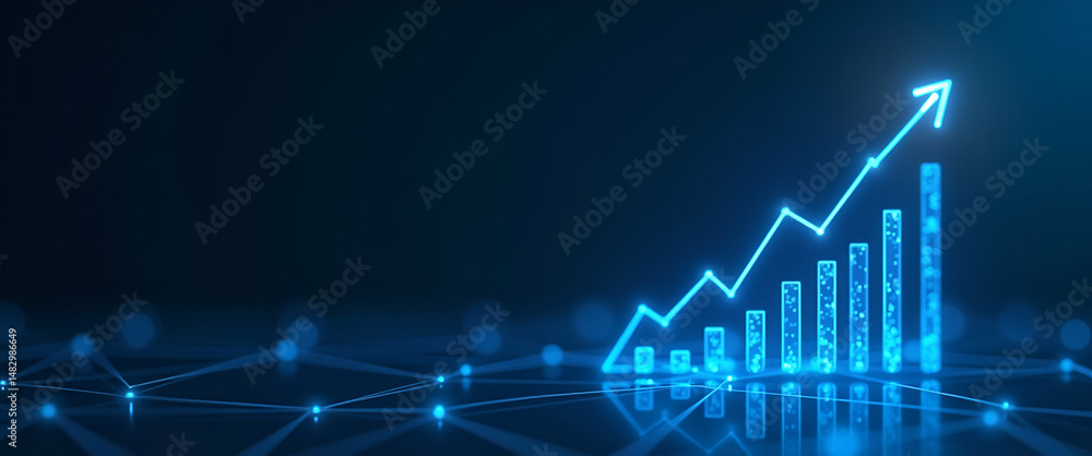 Poster abstract glowing blue growth chart: low polygon wireframe with light connections - vector concept fo