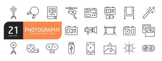 Set of line icons related to photography, photo camera, gallery, and more. Outline icons collection. Editable stroke. Vector illustration.