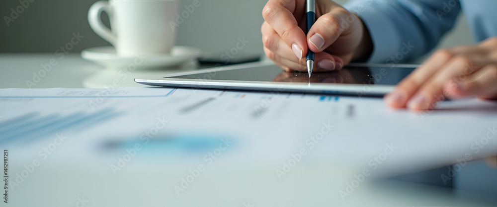 Poster photo realistic as person signing document on tablet concept as a person signing a financial documen