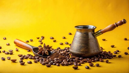 Aromatic Coffee Beans, Ground Coffee, and Star Anise Beside a Traditional Coffee Pot on a Vibrant Yellow Background