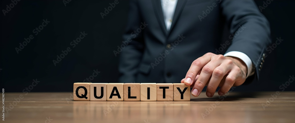 Poster businessman placing wooden cubes labeled with iso standards for quality control assurance on dark ba