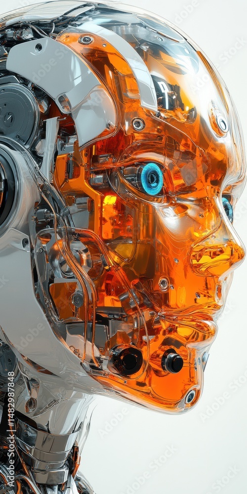 Poster advanced android with synthetic face and intricate inner mechanical components visible