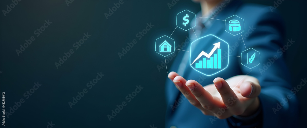 Poster hand displaying holographic cost optimization icons representing cost reduction quality increase pro