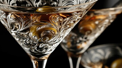 A classic martini in a sleek, inverted conical glass, featuring three green olives on a cocktail pick.