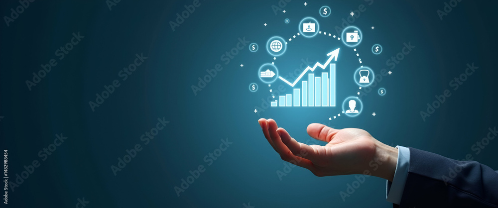 Poster hand displaying holographic cost optimization icons for cost reduction and quality increase in compa