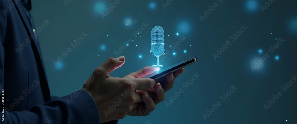 Poster man touching microphone icon on smartphone for voice recording: mobile app for audio messages, music