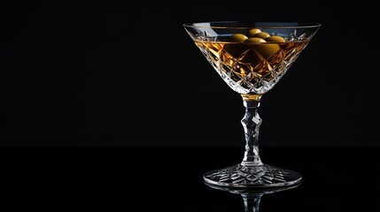 A close-up of a martini glass filled with clear liquid, featuring two green olives with pimentos floating inside.