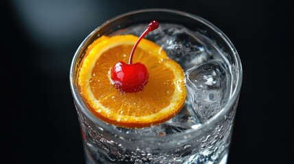 A glass filled with a vibrant red beverage, featuring ice cubes and garnished with an orange slice and a maraschino cherry.