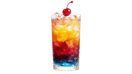 A tall glass filled with a vibrant pink beverage, ice cubes are floating in the drink.
