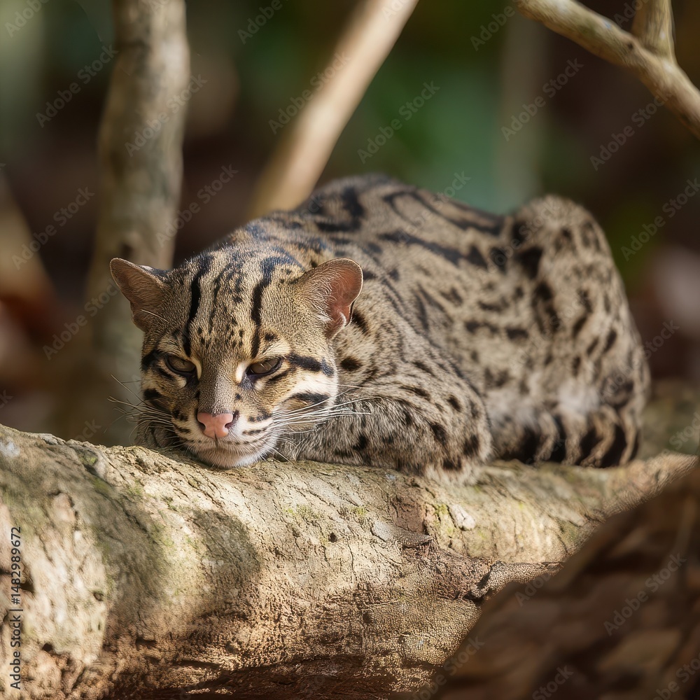 Poster a resting clouded leopard resting peacefully on a tree branch.