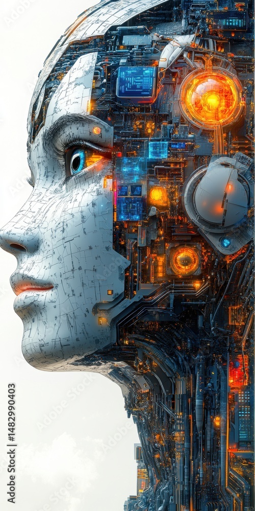 Poster futuristic female android face partially integrated with complex machine structure
