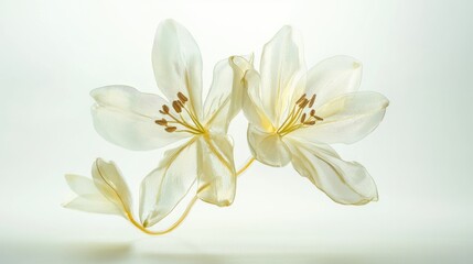 Fototapeta premium 3D colorful two spring flowers on white background. Wild flowers, spring grass seamless pattern 3d realistic. Minimal scene for model products, stage showcase, promotion display.