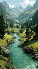 Obraz premium Serene river flowing through lush green valley with towering mountains under a clear blue sky