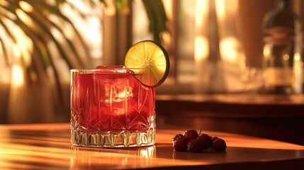 A short cocktail glass filled with vibrant red liquid and ice cubes, garnished with a lime wedge.