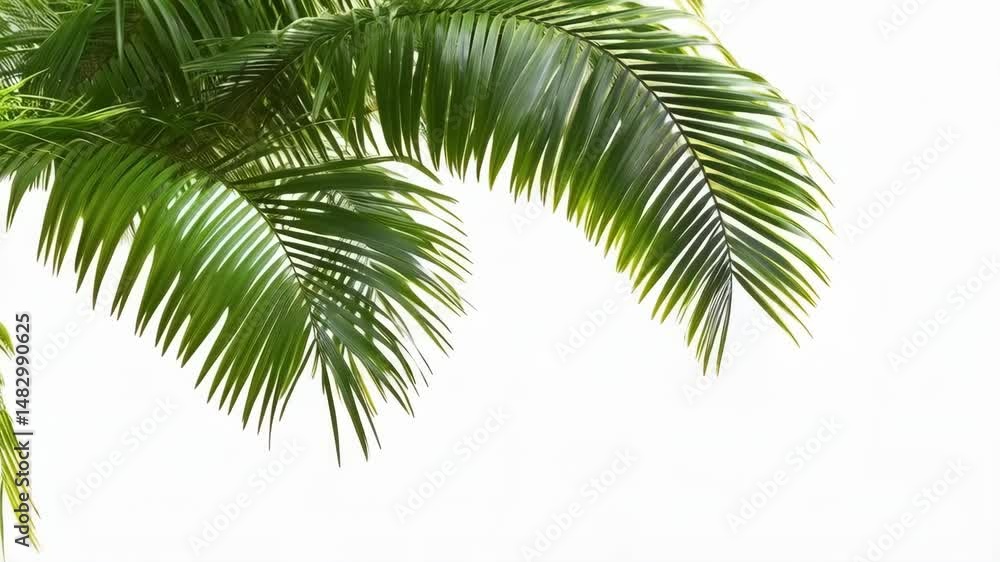 Poster three green palm fronds hang from top of frame isolated against a pure white background providing de