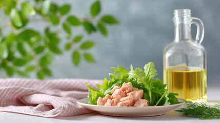 Low carb real food meal prep with fresh green salad and chunks of salmon served on plate with oil bottle in background